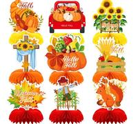 Fall Table Decorations - 9Pcs Fall Honeycomb Centerpieces for Tables with Pumpkins, Sunflowers, Scarecrow, Squirrel for Thanksgiving Dinner, Autumn Harvest Festival, Rustic Fall Party Decorations