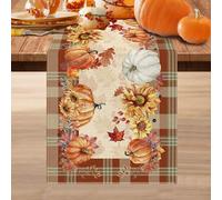 Fall Table Runner Autumn 72 Inches Long x 13 Burlap Linen Home Kitchen Decor Pumpkin Sunflower Leaves Buffalo Plaid Check Seasonal Coffee Dining Rustic Farmhouse Red Orange Yelllow Fall Table Runners