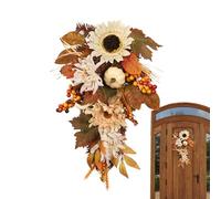 Fall Teardrop Wreath, 50cm Artificial Pumpkin Wreath For Front Door, Autumn Harvest Wreaths With Maple Leaves Sunflower Pumpkin For Garden Farmhouse Porch Thanksgiving Fireplace Wall Swag Decor