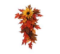 Fall Teardrop Wreath for Front Door, Artificial Maple Leaves Wreath with Sunflowers for Thanksgiving, Autumn Harvest Door Wreath for Decor, Orange Teardrop Wreath for Home Garden Wall Door Decoration