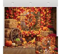 Fall Thanksgiving 10x8ft Maple Leaf Garland with Lights Pumpkin Haystack Rustic Window Backdrop for Photography Thanksgiving Party Autumn Family Portrait Photo Booth Studio Prop