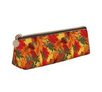 Fall Thanksgiving Autumn Maple Leaves Pattern Leather Pencil Case Zipper Pen Case Pouch Waterproof Travel Makeup Pouch Large Capacity for Women Men
