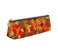 Fall Thanksgiving Autumn Maple Leaves Pattern Leather Pencil Case Zipper Pen Case Pouch Waterproof Travel Makeup Pouch Large Capacity for Women Men