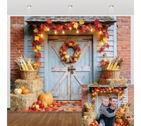 Fall Thanksgiving Backdrop 10x8ft Blue Barn Door Pumpkin Maple Leaf Garland Haystack Photo Backdrop for Autumn Harvest Party Banner Portrait Photo Booth Studio Prop