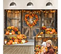Fall Thanksgiving Backdrops Photography 10x8ft Autumn Rustic Wood Door Barn Pumpkin Party Decorations Farm Maple Photoshoot Background Banner Supplies Photo Booth Kids Baby Portrait Props