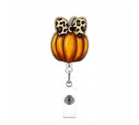 Fall Thanksgiving Badge Reel Retractable,Cute Pumpkin with Gold Glitter | Leopard Bow ID Name Card Badge Holder Acrylic Alligator Clip Badge Reels for Nurse Doctor Teacher Workers