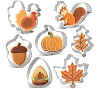 Fall Thanksgiving Cookie Cutters Set 7Pcs - Large Turkey, Pumpkin, Maple Leaf, Oak Leaf, Acorn, Candy Corn, Squirrel Shapes, Stainless Steel Autumn Themed Biscuit Cutter for Baking & Food Party Decor
