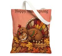 Fall Thanksgiving Day Bengal Cat Canvas Tote Bag for Shopping 13x15, Autumn Fun Turkey Reusable Grocery Print Pattern Bag for Women, Holiday Aesthetic Painting Gift Decor
