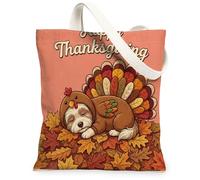 Fall Thanksgiving Day Havanese Dog Canvas Tote Bag for Shopping 13x15, Autumn Fun Turkey Reusable Grocery Print Pattern Bag for Women, Holiday Aesthetic Painting Gift Decor