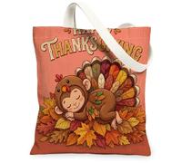 Fall Thanksgiving Day Monkey Canvas Tote Bag for Shopping 13x15, Autumn Fun Turkey Reusable Grocery Print Pattern Bag for Women, Holiday Aesthetic Painting Gift Decor