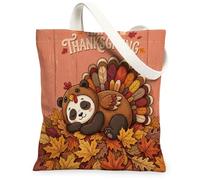 Fall Thanksgiving Day Panda Canvas Tote Bag for Shopping 13x15, Autumn Fun Turkey Reusable Grocery Print Pattern Bag for Women, Holiday Aesthetic Painting Gift Decor