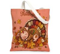 Fall Thanksgiving Day Pig Canvas Tote Bag for Shopping 13x15, Autumn Fun Turkey Reusable Grocery Print Pattern Bag for Women, Holiday Aesthetic Painting Gift Decor