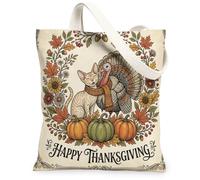 Fall Thanksgiving Devon Rex Cat Canvas Tote Bag for Shopping 13x15, Vintage Autumn Turkey Reusable Grocery Print Pattern Bag for Women, Cool Beach Aesthetic Painting Gift Decor