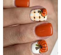 Fall Thanksgiving Halloween Short Square Persist Hoofs Lovely Lemon Pumpkin Checkered Plan Permanent ABS Recyclable False Hoofs Easy Application Lemon Pumpkin Checkered Hoofs