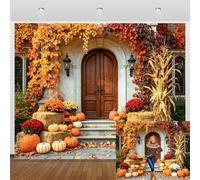 Fall Thanksgiving Photography Backdrop 10x8ft Farmhouse Door Backdrop Maple Leaves Pumpkin Haystack Photo Backdrop Thanksgiving Home Decor Bridal Shower Wedding Photo Booth Studio Prop