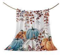 Fall Thanksgiving Throw Blankets, Watercolor Autumn Pumpkins Terracotta Eucalyptus Leaves Soft Fleece Blanket Decorative for Home Sofa Couch Chair Living Bedroom,50x60 inches, Blue Orange