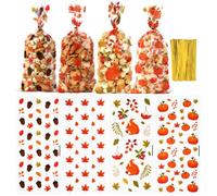 Fall Thanksgiving Treat Bags, 200 PCS Fall Cellophane Treat Bags, Thanksgiving Gift Bag, Plastic Autumn Pumpkin Maple Leaf Candy Cookie Goodie Gift Bag with Twist Ties for Falls Party Favors Supplies