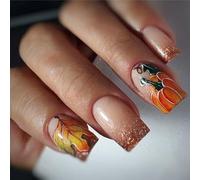 Fall Themed False Hoofs Short Square Sparkling Plane Needle Art ABS Nails For Thanksgiving Holiday Comfort Gold Scintillate Fall Press Instance