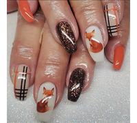 Fall Themed Foxes Press On Nails Glossy Stick On 24 Pieces Thanksgiving False Stylish Manicure Art Fall False Nail