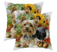Fall Throw Pillow Covers Set of 2, Autumn Yorkshire Terrier Dog Design Cushion Covers, Decorative Sofa Bed Outdoor Pillow Cases for Harvest Home Decor 12x12 Inch