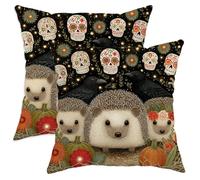 Fall Throw Pillow Covers Set of 2, Cute Hedgehog and Skull Pattern Cushion Cases, Halloween Decorative Square Farmhouse Decor for Sofa Couch Bed 14x14 Inch