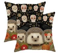 Fall Throw Pillow Covers Set of 2, Cute Hedgehog and Skull Pattern Cushion Cases, Halloween Decorative Square Farmhouse Decor for Sofa Couch Bed 26x26 Inch