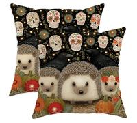 Fall Throw Pillow Covers Set of 2, Cute Hedgehog and Skull Pattern Cushion Cases, Halloween Decorative Square Farmhouse Decor for Sofa Couch Bed 16x16 Inch