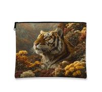 Fall Tiger Makeup Bag 7x9 Inch for Travel Purse, Fantasy Magic Autumn Forest Wildlife Pattern Cosmetic Pouch for Women, Animal Scenery Portable Canvas Zipper Organizer