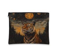 Fall Tigers Makeup Bag, Autumn Forest Woodland Moons Cosmetic Travel Pouch for Women, Portable Small Canvas Zipper Organizer, Animal Toiletry Bag 7x9 Inch