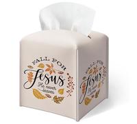 Fall Tissue Box Cover, Autumn Maple Leaf Leather Tissue Box Holder Square, Jesus He Never Leaves, Tabletop Decor for Home Office Farmhouse Car, Unique Thanksgiving & Housewarming Gift for Women-B02
