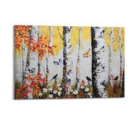 Fall Tree Forest Canvas Wall Art Hanging Paintings Poster Autumn Birch Tree with Bird on Aspen Branch Landscape Painting Natural Scenery Print Stylish Wall Decor for Bedroom Wall Spaces 08x12inch(20x3