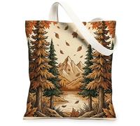 Fall Tree Scenic Canvas Tote Bag for Shopping 13x15, Autumn Nature Maple Forest Mountain Reusable Grocery Print Pattern Bag for Women, Landscape Beach Aesthetic Painting Gift Decor