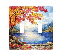 Fall Tree Stained Glass Decorative Switch Cover 2 Gang Double Toggle, Nature Landscape Wall Plate Cover, Standard Size, Maple Leaves Fun Electrical Faceplate for Bedroom Living Room Decor