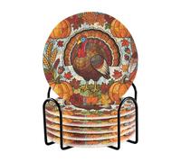 Fall Turkey Thanksgiving Pumpkin Stained Glass Coasters Absorbent Set with Holder 6 Pack Coasters for Desk Home Bar Must Haves
