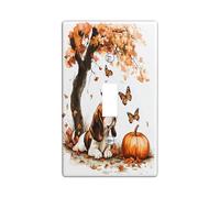 Fall Watercolor Basset Hound Dog Switch Cover Wall Plate 1 Gang Single Toggle, Autumn Maple Pet Electrical Faceplate for Bedroom Bathroom Decor, Puppy Standard Size Switchplate