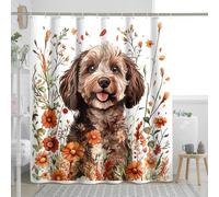 Fall Watercolor Cockapoo Dog Shower Curtain Set, Autumn Floral Pet Shower Curtain, Puppy Bathroom Accessories, Printed Pattern Decorative -72 * 78