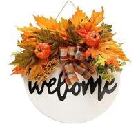 Fall Welcome Sign for Front Door Decoration, Autumn Artificial Maple Leaves Home Decor with Pumpkin, Round Wood Hanging Sign for Farmhouse Outdoor Indoor Thanksgiving Halloween Decor Porch Harvest