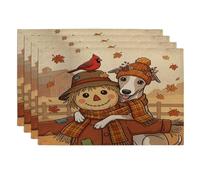 Fall Whippet Dog Placemats Set of 4, 12x18 Inch, Autumn Farmhouse Scarecrow 4Pcs Soft Table Mats for Dinning, Fun Country Pattern Holiday Home Kitchen Decor