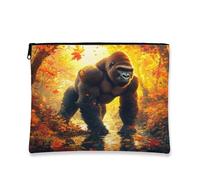 Fall Wild Chimpanzee Makeup Bag, Autumn Forest Leaf Scene Cosmetic Travel Pouch for Women Girls, Portable Small Canvas Zipper Organizer, Gorilla Toiletry Bag 7x9 Inch
