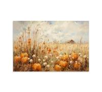 Fall Wildflower Landscape Canvas Wall Art, Rustic Pumpkins Field Poster, Autumn Pictures Wall Decor for Room, Foral Art Canvas, Country Farmhouse Flowers And Pumpkins Painting 08x12inch(20x30cm)