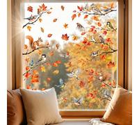 Fall Window Clings Stickers, Autumn Maple Leaves Branches Birds Squirrel Window Decals, Double-Sided Print Static Window Decorations, 9 Sheets Harvest Thanksgiving Decor for Home Windows Glass Doors
