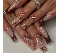 Fall Winter False Nails 24Pcs Long Coffin Glossy Finish French Floral Press On Nails For Daily Wear Easy Installation Length Glittering Nail