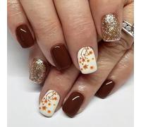 Fall Winter False Nails Glossy Finish Short Square Shape 24Pcs Shimmering Brown Leaf Artwork Press On Nails Quick Apply Glittering Nail