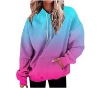 Fall Winter Hoodies for Women UK Casual Long Sleeve Drawstring Pullover Tops 2024 Dressy Oversized Sweatshirts Retro Gradient Floral Print Jumper Shirts Ladies Blouses with Pockets