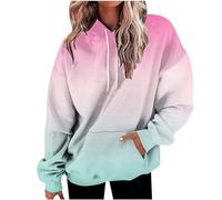 Fall Winter Hoodies for Women UK Casual Long Sleeve Drawstring Pullover Tops 2024 Dressy Oversized Sweatshirts Retro Gradient Floral Print Jumper Shirts Ladies Blouses with Pockets