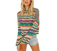Fall Winter Women's Striped Color Block Short Sweater Long Flared Sleeve Crew Neck Casual Loose Knit Pullover Tops Hollow Out Knitwear (Green, L)