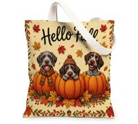 Fall Wirehaired Pointer Dog Canvas Tote Bag for Shopping 13 * 15, Autumn Country Knitting Pumpkin Reusable Grocery Bag for Women, Farm Beach Aesthetic Painting Gift Decor