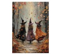 Fall Witch Painting Puzzles for Adults 1000 Pieces Nature, Halloween Autumn Forest Art Jigsaw Puzzles, Magic Women Aesthetic Plant Tree Puzzle
