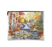 Fall Wolf Makeup Bag, Autumn Woodland Waterfall Cosmetic Travel Pouch for Women, Portable Small Canvas Zipper Organizer, Animal Toiletry Bag 7x9 Inch
