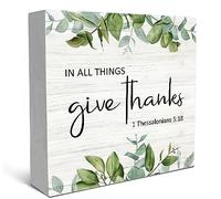 Fall Wooden Signs,Christian Bible Verse In All Things Give Thanks Wooden Box Sign Decorative Desk Decor,Rustic Wooden Block Box Sign Decoration For Home Office Shelf Table Decor 5X5 Inch